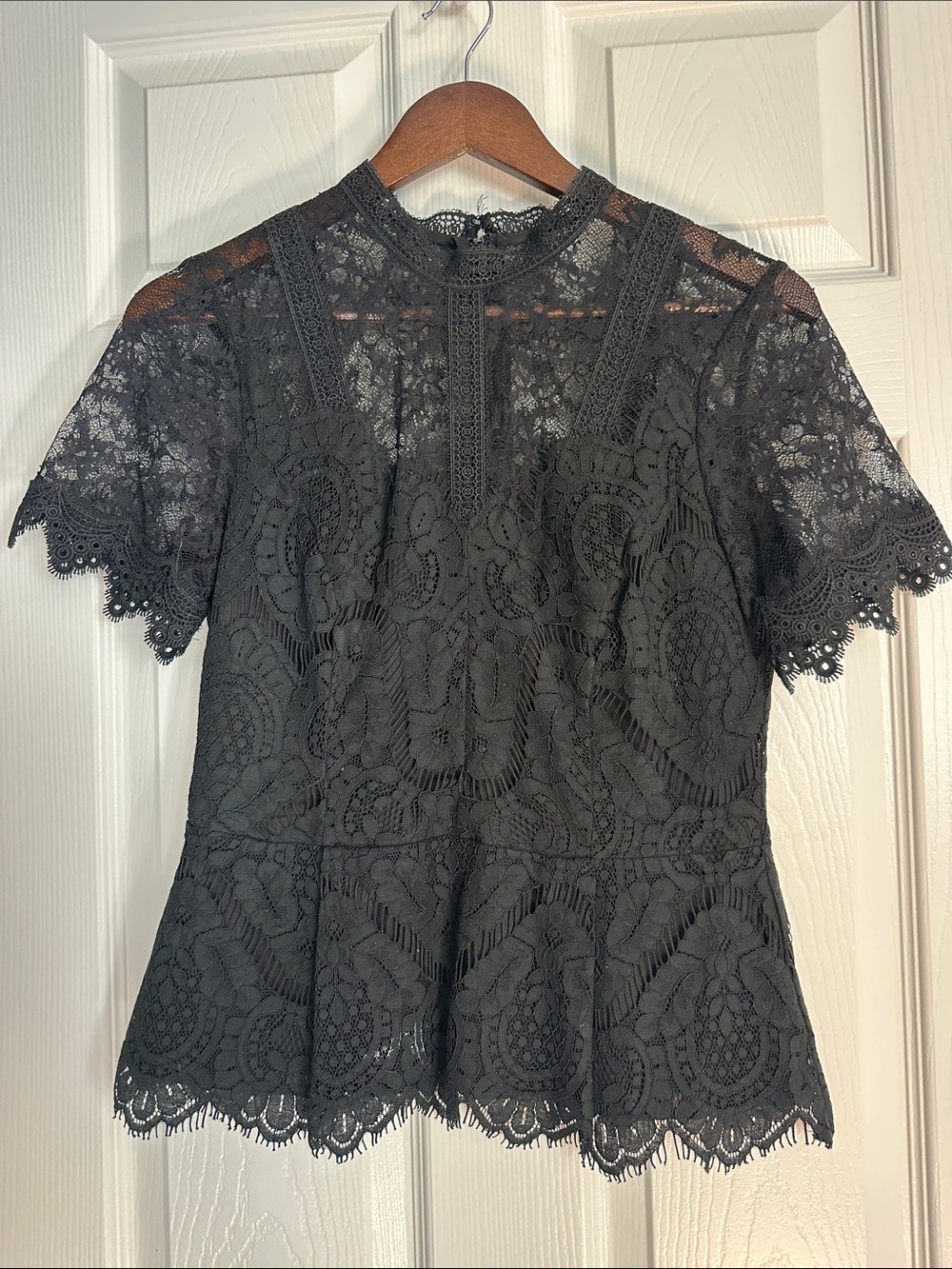 Adelyn Rae Black Lace Short-Sleeve Peplum Blouse